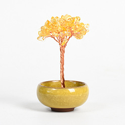 Citrine Natural Citrine Chips Tree Display Decorations, with Random Color Porcelain Bowls, Copper Wire Wrapped Feng Shui Ornament for Fortune, 66x100~110mm