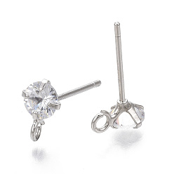 Real Platinum Plated Brass Micro Clear Cubic Zirconia Stud Earring Findings, with Loop, Nickel Free, Real Platinum Plated, 8.5x5.5mm, Hole: 1.5mm, Pin: 0.7mm