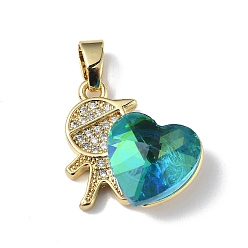 Turquoise Real 18K Gold Plated Rack Plating Brass Micro Pave Clear Cubic Zirconia Pendants, with Glass, Long-Lasting Plated, Cadmium Free & Lead Free, Boy with Heart Charm, Turquoise, 19.5x18x7.5mm, Hole: 5.5x3.5mm