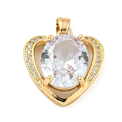 Clear Brass Micro Pave Clear Cubic Zirconia Pendants, with Glass, Heart, Clear, 17x17.2x7mm, Hole: 4x2.5mm