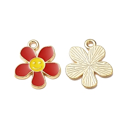 Red Alloy Enamel Pendants, Flower with Smiling Face Charm, Cadmium Free & Nickel Free & Lead Free, Golden, Red, 21.2~21.3x18x1.4~1.5mm, Hole: 2~2.2mm