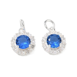 Silver Brass Micro Pave Blue Cubic Zirconia Charms, Round Charms, Silver, 12.5x10.5x4mm, Hole: 3.5mm