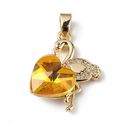 Золотистый Настоящие позолоченные подвески из латуни с микропаве из прозрачного кубического циркония, со стеклом, долговечный, без кадмия и без свинца, фламинго с сердечком, золотые, 18 мм, отверстие : 24x19x8 мм