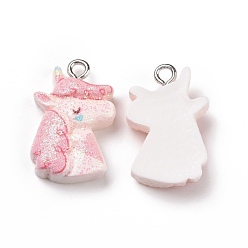 Pink Opaque Resin Pendants, with Glitter Powder and Platinum Tone Iron Loops, Unicorn Charm, Pink, 22x14.5x6mm, Hole: 2mm