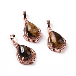 Tiger Eye Natural Tiger Eye Pendants, Teardrop Charms, with Rose Gold Tone Rack Plating Brass Findings, 32x19x10mm, Hole: 8x5mm