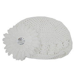 White Handmade Crochet Baby Beanie Costume Photography Props, with Cloth Flowers, White, 180mm