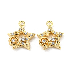 Real 18K Gold Plated Brass Micro Pave Clear Cubic Zirconia Charms, Star & Flower, Real 18K Gold Plated, 13.5x12x3mm, Hole: 1.2mm