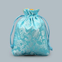 Light Sky Blue Chinese Style Silk Drawstring Jewelry Gift Bags, Jewelry Storage Pouches, Lining Random Color, Rectangle with Dragon Pattern, Light Sky Blue, 15x11.5cm