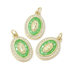 Light Green Brass Micro Pave Cubic Zirconia Pendants, with Enamel & Shell, Long-Lasting Plated, Lead Free & Cadmium Free, Real 18K Gold Plated, Oval with Virgin Mary, Light Green, 19.5x12.5x3mm, Hole: 3mm
