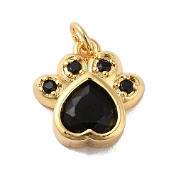 Black Rack Plating Brass Pave Cubic Zirconia Charms, with Glass & Jump Ring, Lead Free & Cadmium Free, Real 18K Gold Plated, Long-Lasting Plated, Cat's Paw Print Charm, Black, 14x13x4mm, Hole: 3.4mm