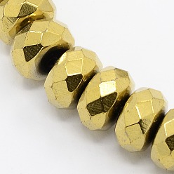 Golden Plated Grade A Electroplate Non-magnetic Synthetic Hematite Beads Strands, Faceted, Rondelle, Golden Plated, 6x3mm, Hole: 1mm, about 136pcs/strand, 15.5 inch