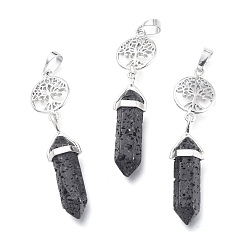 Lava Rock Natural Lava Rock Pointed Big Pendants, with Platinum Plated Brass Findings, Faceted, Bullet & Tree of Life, 59~67x14~15mm, Hole: 7x5mm
