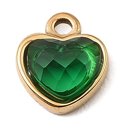 Изумруд 304 подвески из нержавеющей стали, со стразами, сердце прелести, граненые, золотые, изумруд, 9x8x3.5 мм, отверстие : 1.2 мм