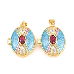 Синий Подвески латуни медальон, с эмалью, стеклом и кубическим цирконием, без кадмия и без свинца, реальный 18 k позолоченный, стойки покрытие, долговечный, овальные амулеты, синие, 26.5x21x9 мм, отверстие : 3x5 мм