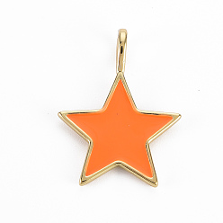 Темно-Оранжевый Латунь эмаль подвески, без кадмия, без никеля и без свинца, реальный 16 k позолоченный, звезда, темно-оранжевый, 25x19x5 мм, отверстие : 2.5x4.5 мм