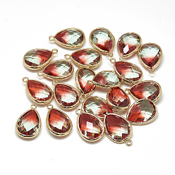 Red Glass Pendants, with Golden Tone Brass Findings, Faceted, teardrop, Red, 23x15x7mm, Hole: 1.5~2mm
