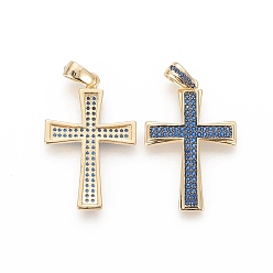 Морской Синий Латунные микро проложить кубического циркония подвески, долговечный, реальный 18 k позолоченный, крестик, Marine Blue, 30.5x20.5x2.5 мм, отверстие : 3x5 мм