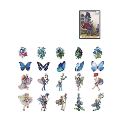 Royal Blue 40Pcs 20 Styles Waterproof Flower Fairy PET Stickers, Self-adhesion, for DIY Scrapbooking, Royal Blue, 60x60mm, 2pcs/style