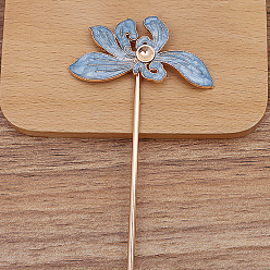 Light Sky Blue Alloy Enamel Hair Stick Findings, Round Bead Settings, Iron Stick, Flower, Light Sky Blue, 120mm