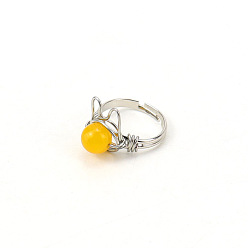 Yellow Quartz Natural Yellow Quartz Round Bead Rings, Brass Wrapped Rabbit Rings, Adjustable Ring for Women, Inner Diameter: 20mm