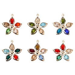 Colorful 6Pcs Rack Plating Iron Glass Pendants, Light Gold Tone Flower Charms, Colorful, 33x30x7.5mm, Hole: 1mm