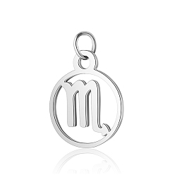 Scorpio 304 Stainless Steel Charms, with Jump Rings, Polished, Flat Round with Constellation, Scorpio, 13x11x1mm, Hole: 2.5mm