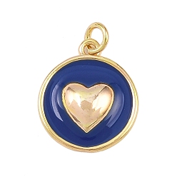 Темно-Синий Латунь эмаль подвески, с целью перехода в кольце, плоский круглый с сердечками, без свинца и без кадмия, долговечный, реальный 18 k позолоченный, стойки покрытие, темно-синий, 16.5x14x1.5 мм, отверстие : 2.5 мм