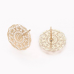 Real 18K Gold Plated Brass Stud Earring, Flower, Real 18K Gold Plated, 14.5x0.3mm, Pin: 0.7mm