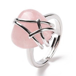 Розовый Кварц Регулируемое кольцо в форме сердца из натурального розового кварца, украшения из латунной проволоки для женщин, без кадмия и без свинца, размер США 7 1/4~13 (17.5~22.3 мм)
