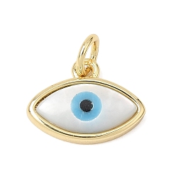 Real 18K Gold Plated Brass & Natural White Shell & ResinPendants, Evil Eye Charms, Rack Plating, Long-Lasting Plated, Cadmium Free & Lead Free, Real 18K Gold Plated, 11x14x3.5mm, Hole: 3mm