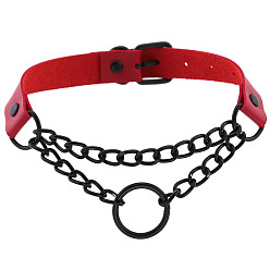 (black circle) red Dark Punk Leather Collar Necklace with Round Rings and Chain for Street Style