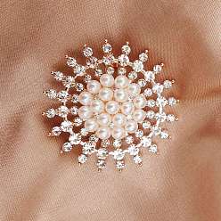 Rose Gold Imitation Pearl Alloy Flower Brooch, with Crystal Rhinestone, Rose Gold, 50mm