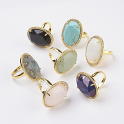 Mixed Stone Natural & Synthetic Mixed Stone Adjustable Finger Ring, Wide Band Rings, with Rhinestone and Brass Finding, Oval, Size 7, Golden, 17mm