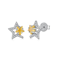 Real Platinum Plated Star Rhodium Plated 925 Sterling Silver Micro Pave Cubic Zirconia Ear Studs for Women, with S925 Stamp, Real Platinum Plated, 9.5x9.5mm