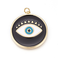 Black Brass Enamel Pendants, Long-Lasting Plated, Lead Free & Cadmium Free & Nickel Free, Flat Round with Evil Eye, Real 18K Gold Plated, Black, 31x28.5x2mm, Hole: 3.5mm