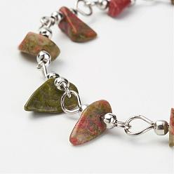 Унакит Натуральные обломочные чипсы ручной работы из бисера, несварные, С латунными бусинами и железными штифтами, платина, 39.37 дюйм (1 м)