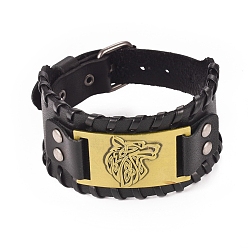 Antique Bronze Full Grain Leather Cord Bracelets, with Alloy Link and Watch Band Clasps, Rectangle with Wolf Head, Antique Bronze, 10-3/4 inch(27.3cm), 39x8mm