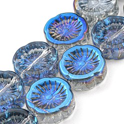 Dodger Blue Half Plated Electroplate Glass Transparent Beads Strands, Flower, Dodger Blue, 14x14.5x5.5mm, Hole: 1.2mm, about 45pcs/strand, 25.83 inch(65.6cm)