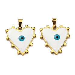 White Ion Plating(IP) 304 Stainless Steel Pendants, with Enamel, Heart with Evil Eye Charm, Golden, White, 21x21x3mm, Hole: 5x3.5mm