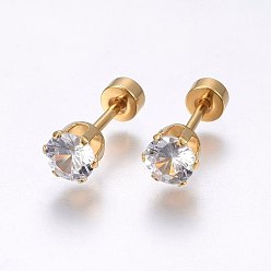 Golden 304 Stainless Steel Earlobe Plugs, Screw Back Earrings, with Glass Rhinestone, Crystal, Golden, 5mm, Pin: 1mm, 12pairs/bag