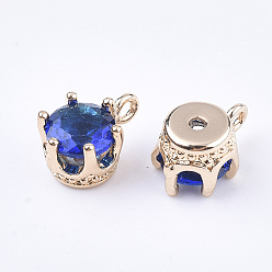 Medium Blue Transparent Glass Charms, with Brass Findings, Faceted, Crown, Light Gold, Medium Blue, 8.5x6x5mm, Hole: 1mm