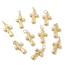 Mixed Color Brass Pendants, with Enamel, Real 18K Gold Plated, Long-Lasting Plated, Cross with Evil Eye Charm, Mixed Color, 40x26x7mm, Hole: 10x7mm