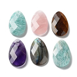 Mixed Stone Natural Mixed Stone Pendants, Faceted Teardrop Charms, 30x18x6mm, Hole: 1.5mm