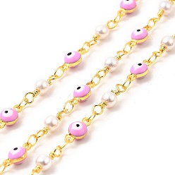 Pearl Pink Enamel Evil Eye Link Chains, with Imitation Pearl Beaded & Brass Findings, Soldered, Real 18K Gold Plated, with Spools, Pearl Pink, 4.5x9.5x4mm, 13x4mm