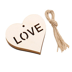 Word Heart with Word Love Unfinished Wooden Ornaments, with Hemp Cord, Valentine's Day Hanging Decorations, for Party Gift Home Decoration, Word, 53x56x2.5mm