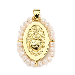 Antique White Brass with Glass Pendants, Cadmium Free & Lead Free, Real 18K Gold Plated, Oval with Heart Pattern, Antique White, 25~26x19~19.5x3~3.5mm, Hole: 3x3.5mm