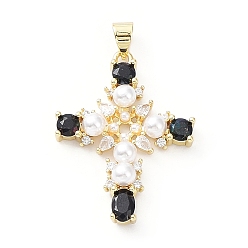 Black Brass Pave Cubic Zirconia with ABS Plastic Imitation Pearl Pendants, Real 18K Gold Plated, Cross, Black, 31x23.5x5mm, Hole: 3.5x4.5mm
