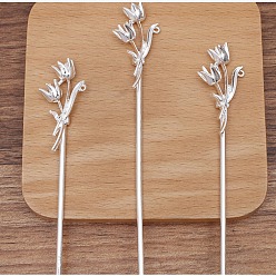 Silver Alloy Hair Stick Finding, Round Bead Settings, with Iron Pin, Flower, Silver, 120mm