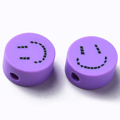 Средний Синий Шифер Бусины из полимерной глины , для поделок ювелирных изделий, плоские круглые с улыбающееся лицо, средний грифельно-синий, 9x4~5 мм, отверстие : 1.6 мм