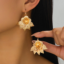 Golden Alloy Dangle Earrings for Women, Flower, Golden, 42x36mm